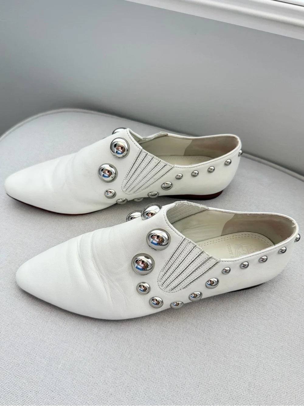 Rare! Tory Burch Loafer White Blythe Studded Metal Slip‎ On Women Size 6.5 M